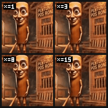 The same image decaying at instability values 1, 3, 8 and 15, side by side